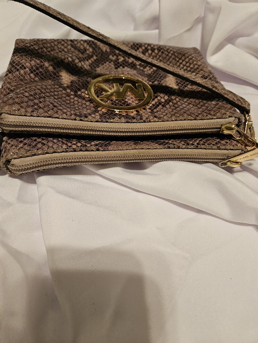Michael Kors Snakeskin Python Print Leather Crossbody Bag Triple Zip Fulton Gold - Picture 9 of 15